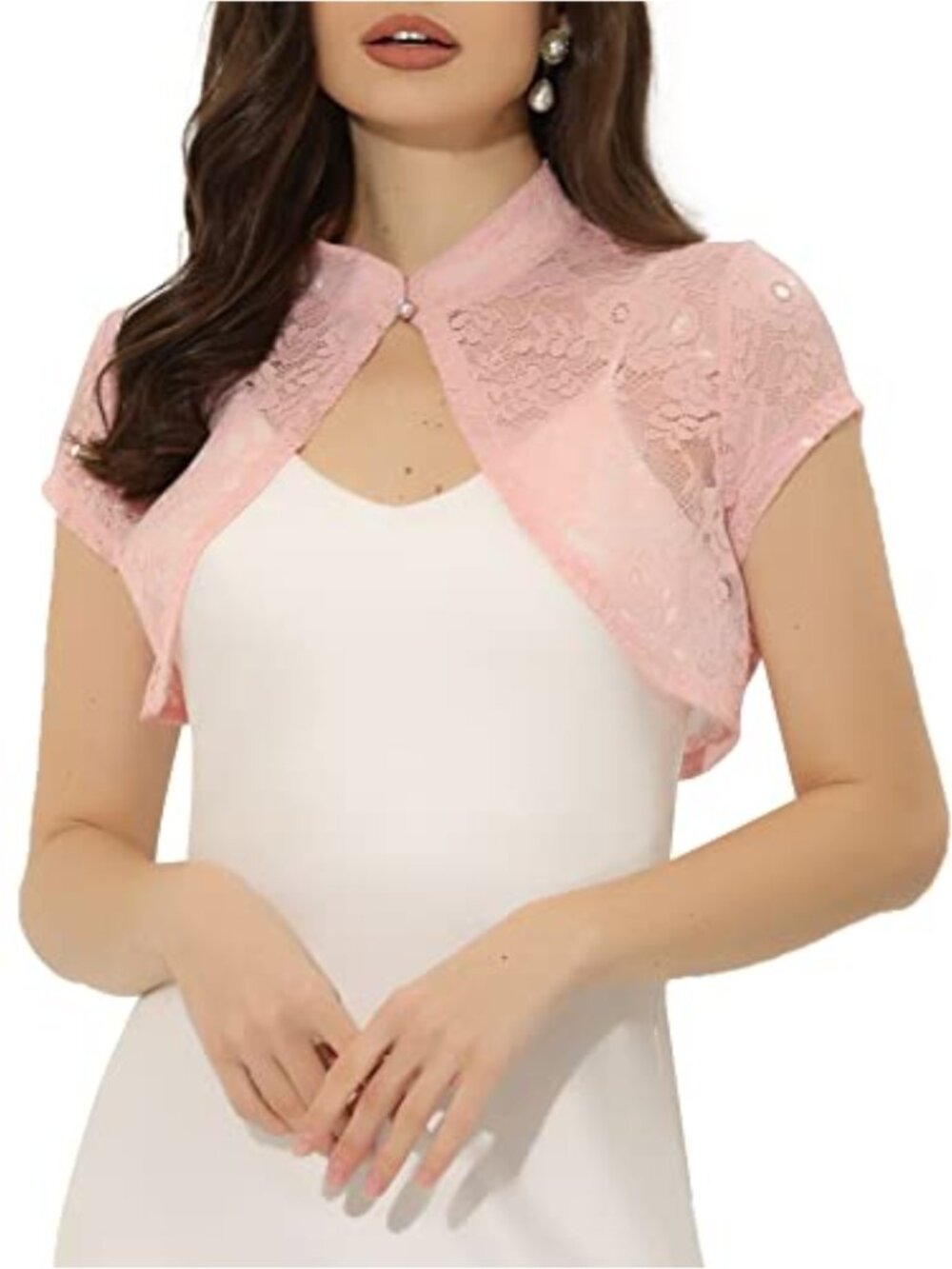 Lace Cardigan Stand Collar Short Bolero Shrug Cropped Pearl Button